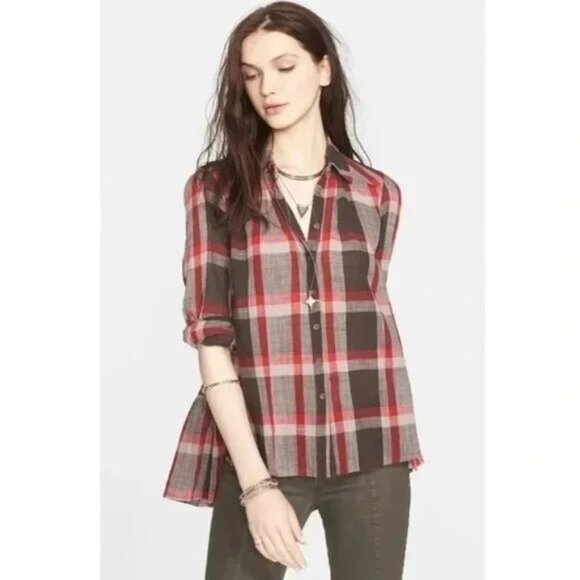 Free People Peppy In Plaid Gray Red Button Up Ruffle Back Oversized Blouse - Picture 1 of 11